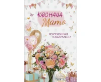 Kartka na Dzień Matki, bukiet kwiatów, balony