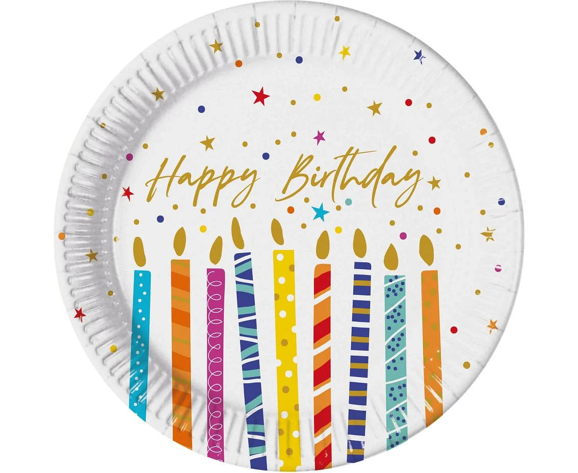 Talerzyki papierowe Multicolor Birthday Candles, FSC, 23 cm, 8 szt.