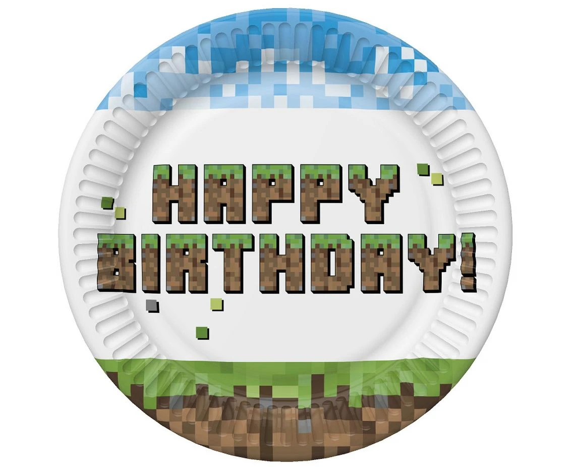 Talerzyki papierowe Pixel Block Happy Birthday, 18 cm, 8 szt.