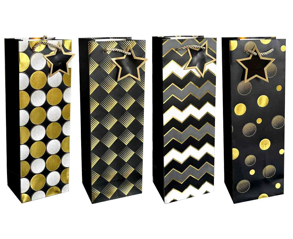 Torebka prezentowa na butelkę wzór Glamour czarno-złoty 12x35x9 cm mix, 1 szt.
