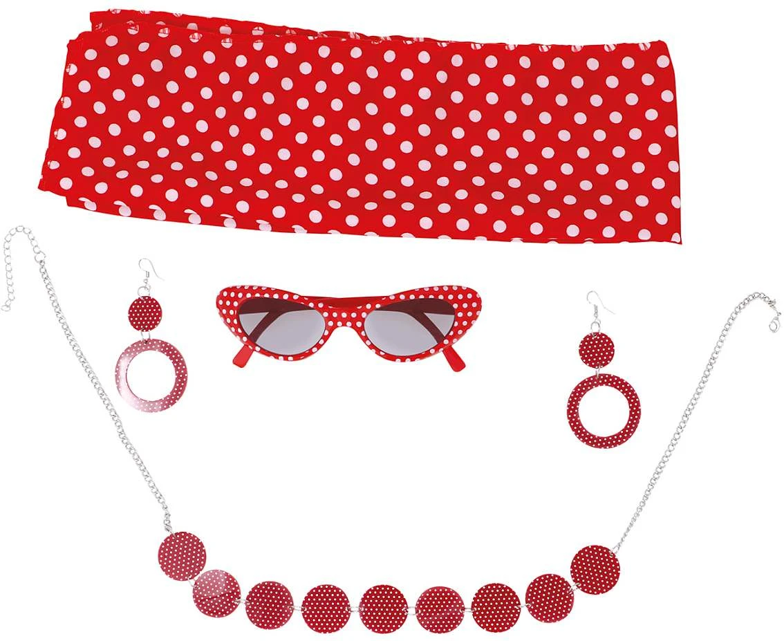 Zestaw lata 50te opaska, okulary, naszyjnik, klolczyki, czerwony w grochy