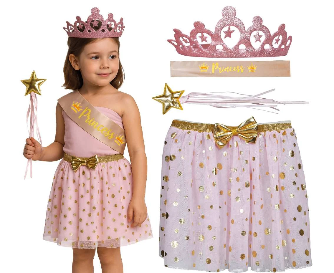 Zestaw księżniczka, spódniczka tutu z szarfą, korona, różdżka, szarfa