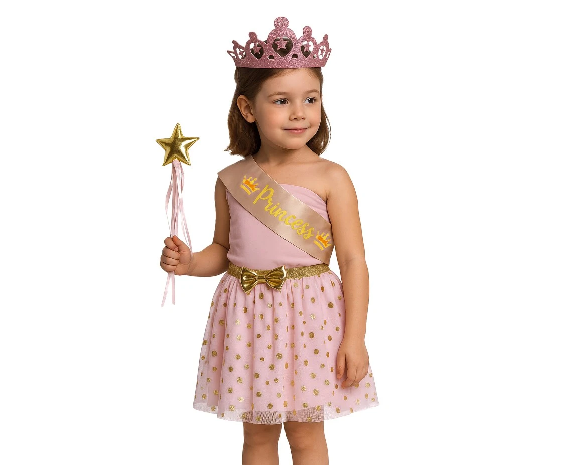 Zestaw księżniczka, spódniczka tutu z szarfą, korona, różdżka, szarfa