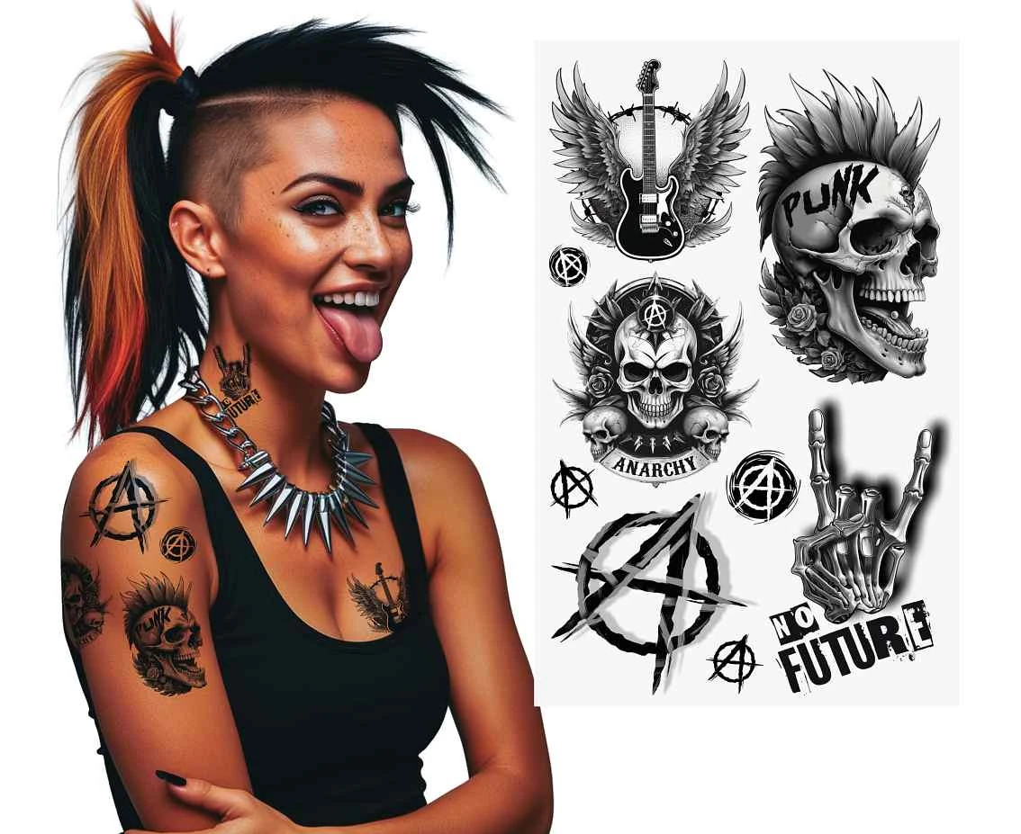 Zestaw tatuaży zmywalnych punk rock, 14x30 cm