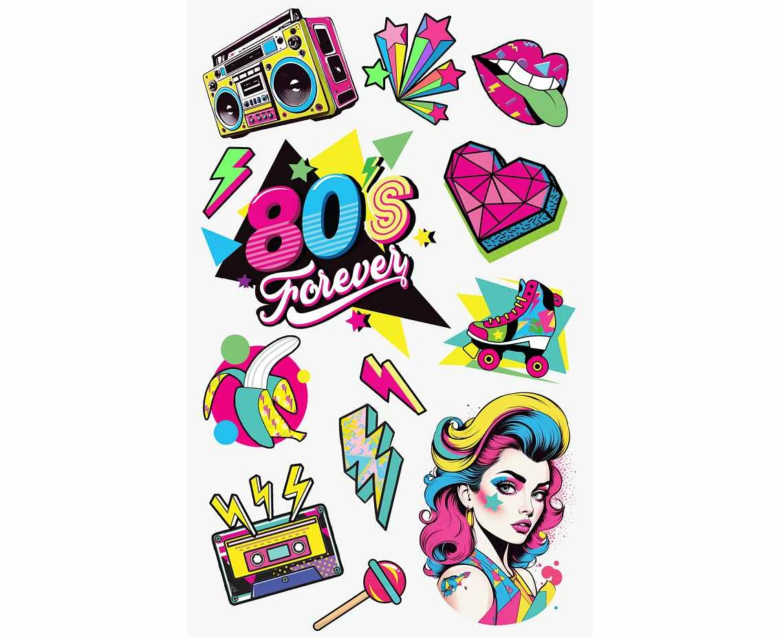 Zestaw tatuaży zmywalnych disco lata 80te, 14x30 cm