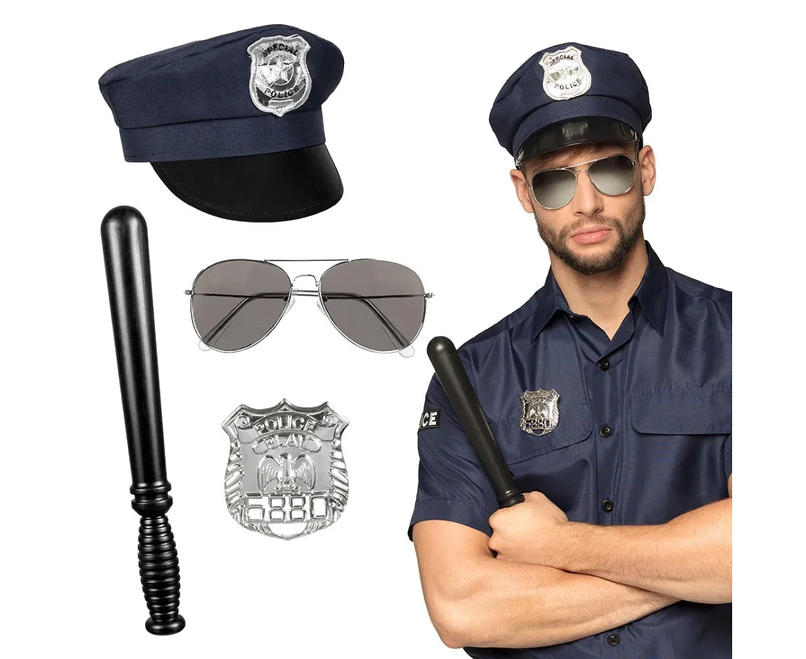 Zestaw dla dorosłych Police (czapka, okulary, odznaka, pałka 33 cm)