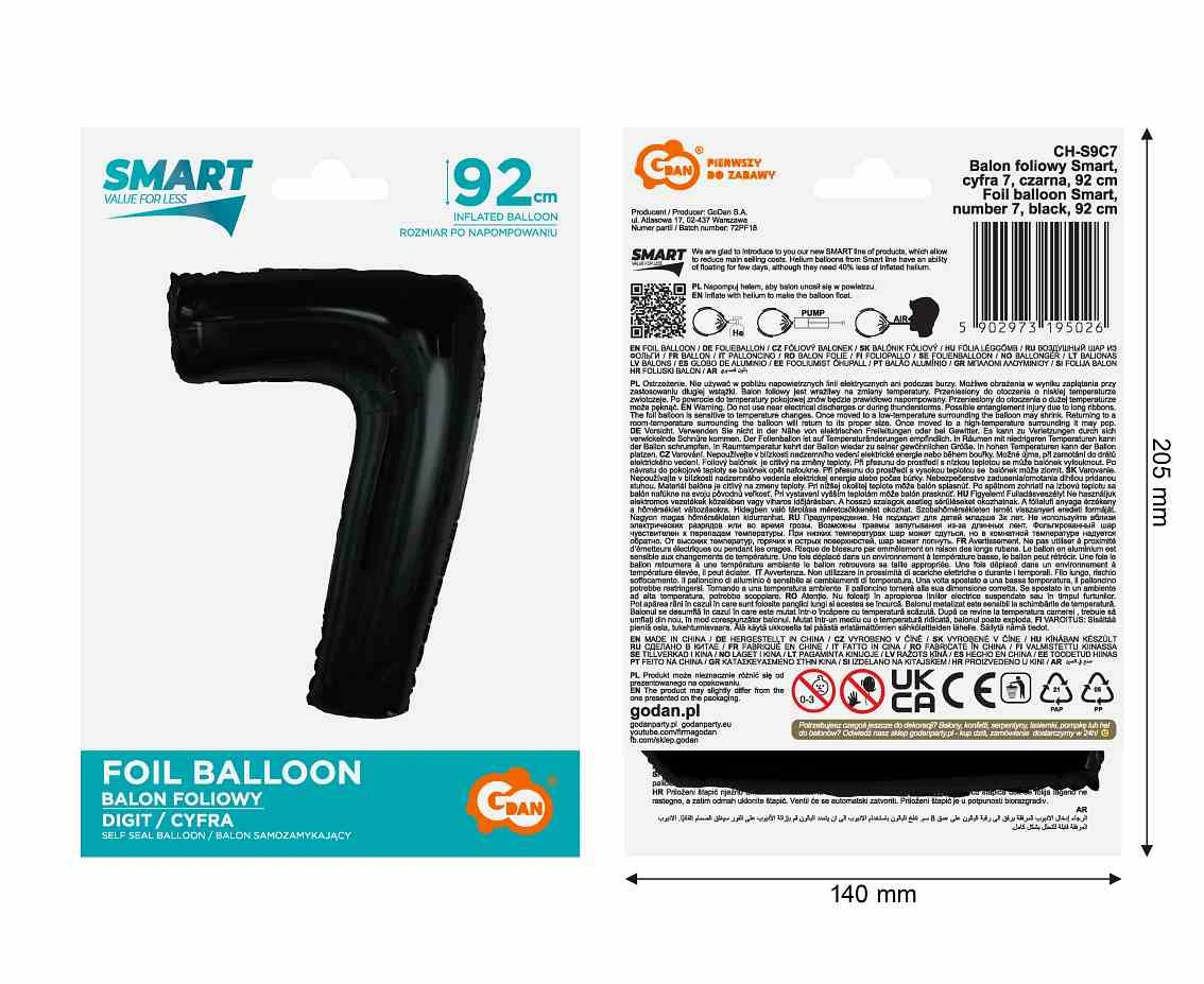 Balon foliowy Smart, cyfra 7, czarna, 92 cm KK