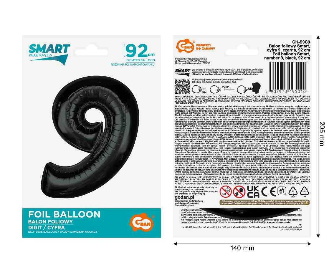 Balon foliowy Smart, cyfra 9, czarna, 92 cm KK