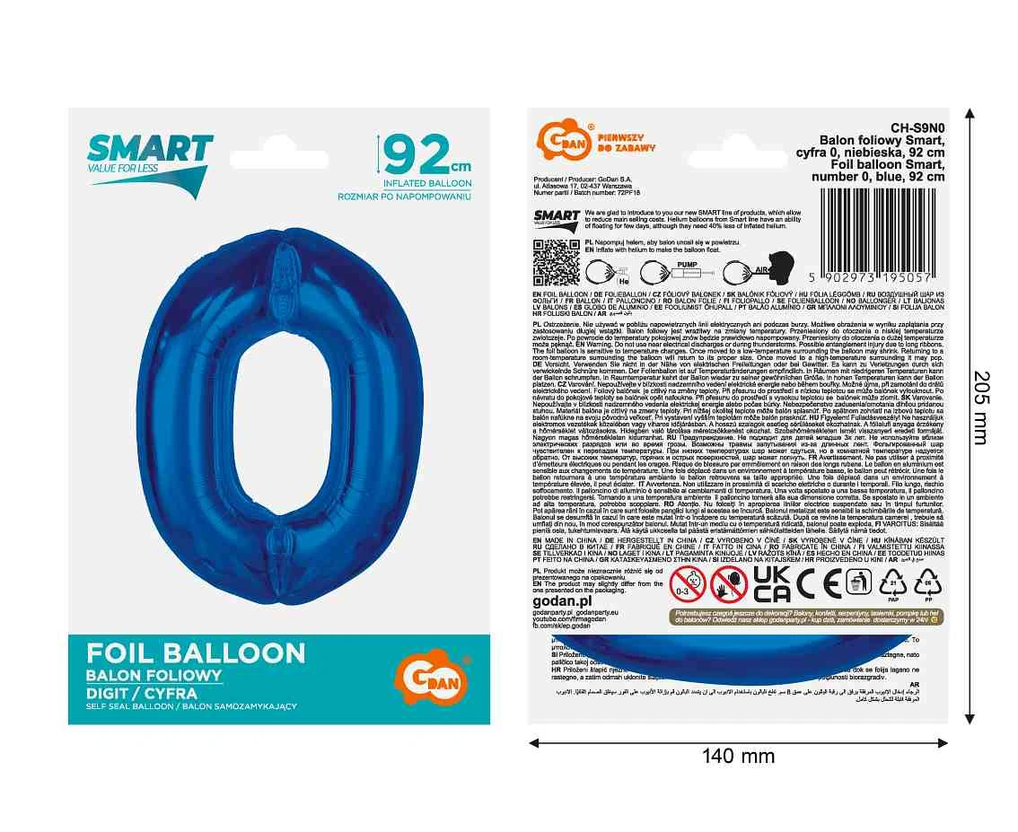 Balon foliowy B&C Cyfra 0, niebieska, 92 cm