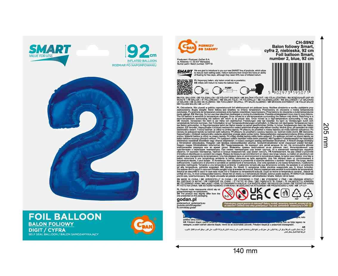 Balon foliowy B&C Cyfra 2, niebieska, 92 cm