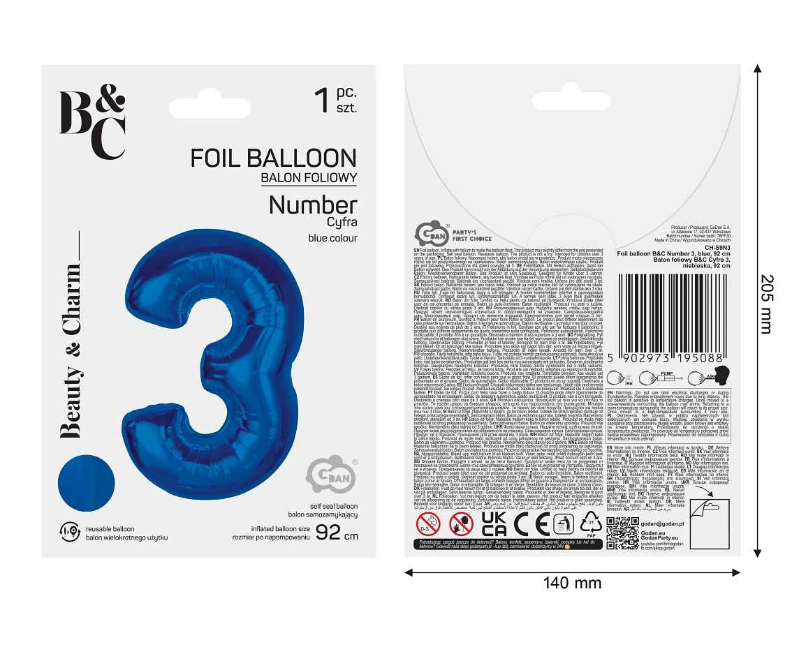 Balon foliowy B&C Cyfra 3, niebieska, 92 cm