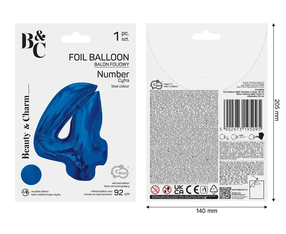 Balon foliowy B&C Cyfra 4, niebieska, 92 cm