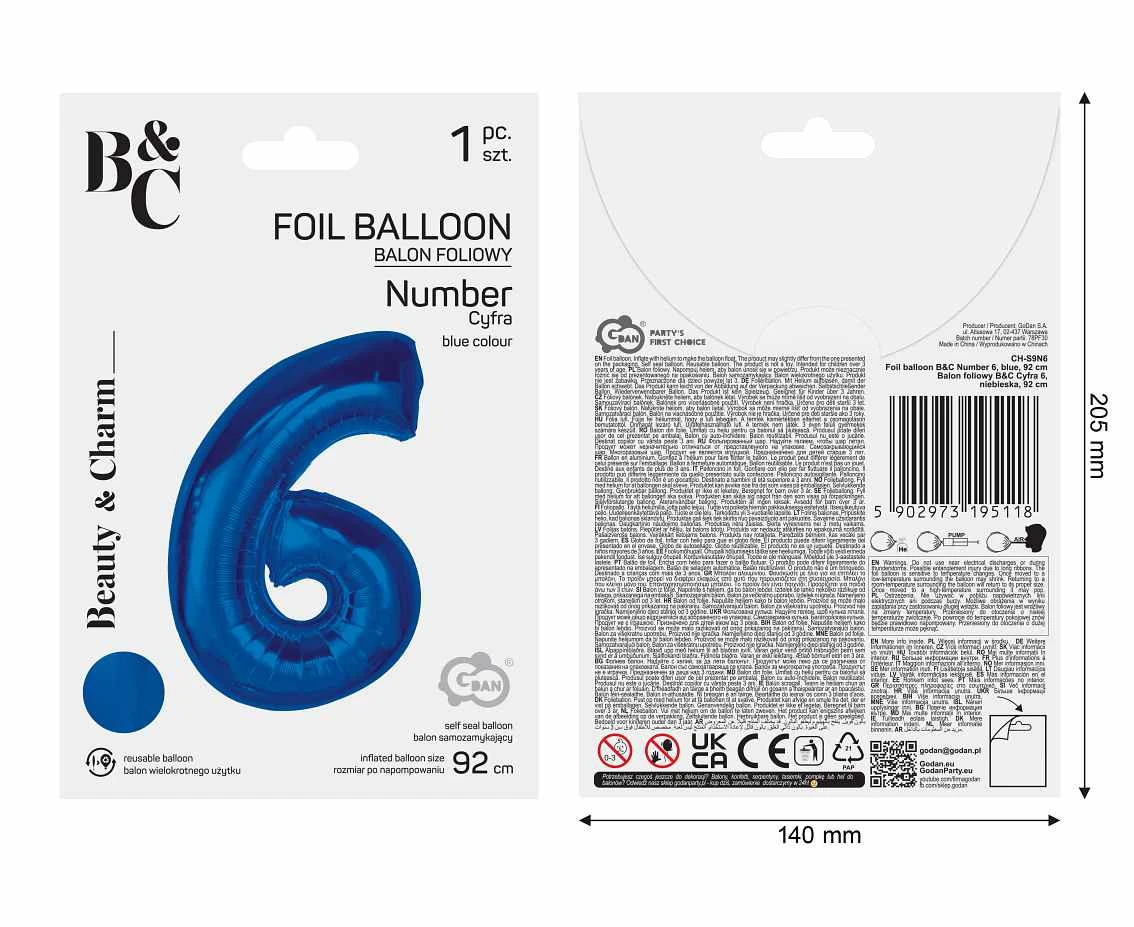 Balon foliowy B&C Cyfra 6, niebieska, 92 cm