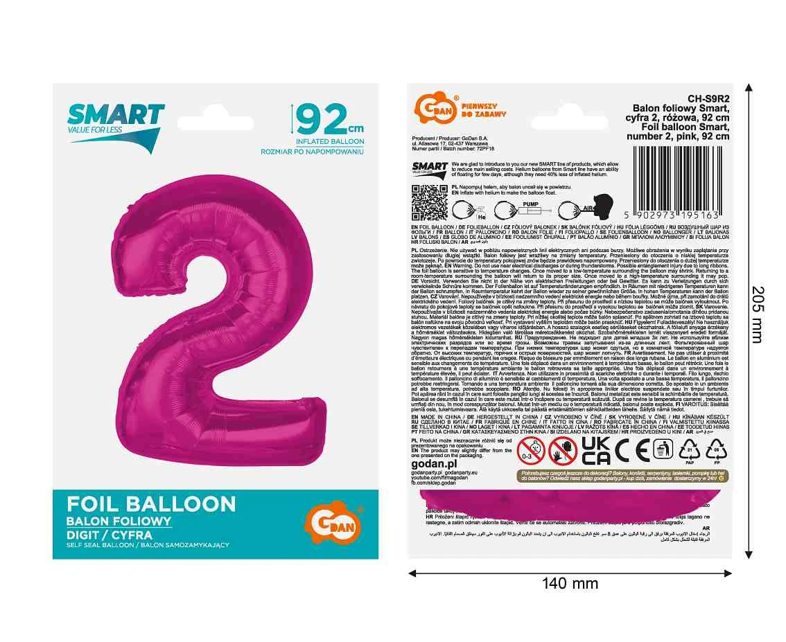 Balon foliowy Smart, cyfra 2, różowa, 92 cm KK