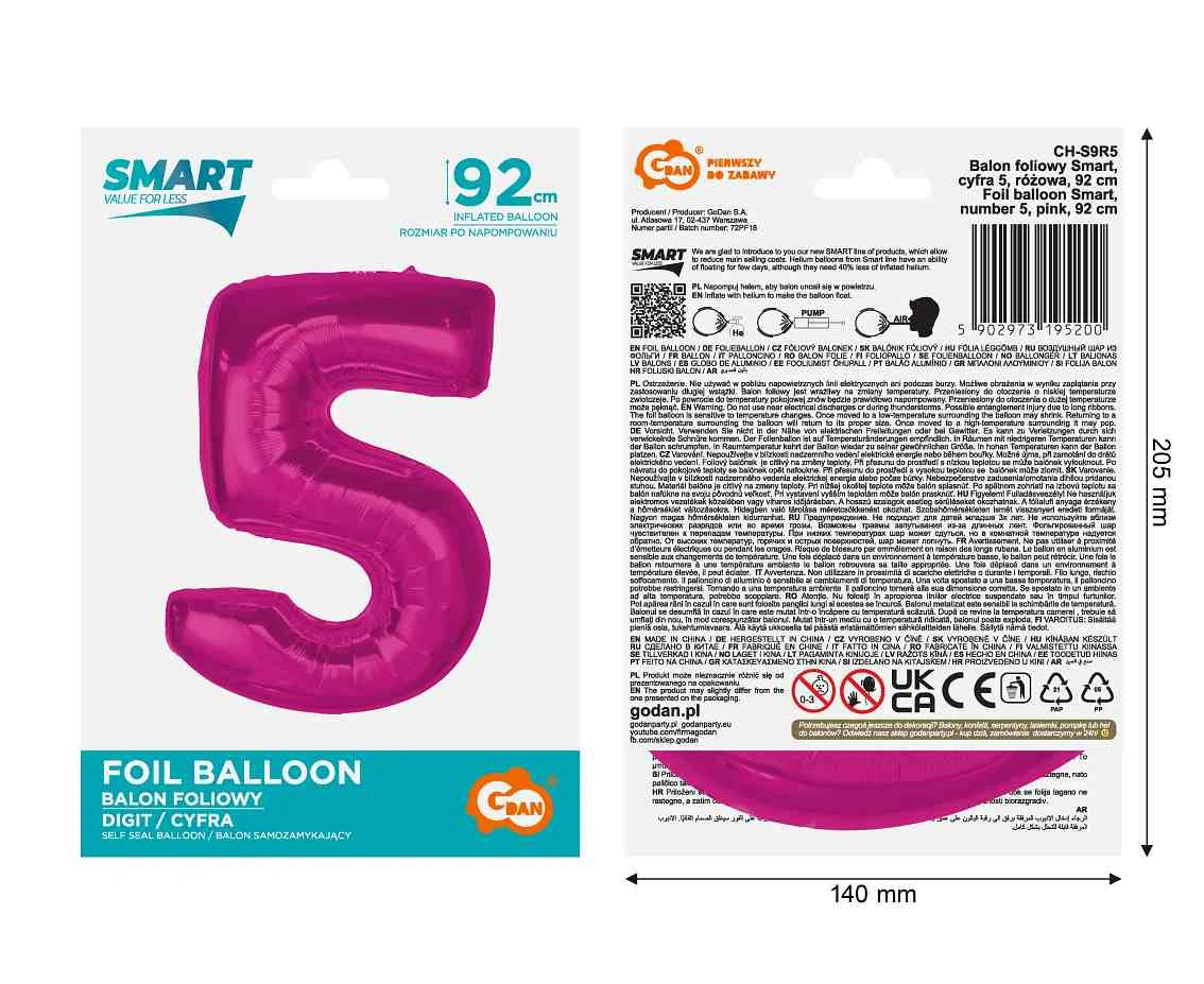 Balon foliowy Smart, cyfra 5, różowa, 92 cm KK