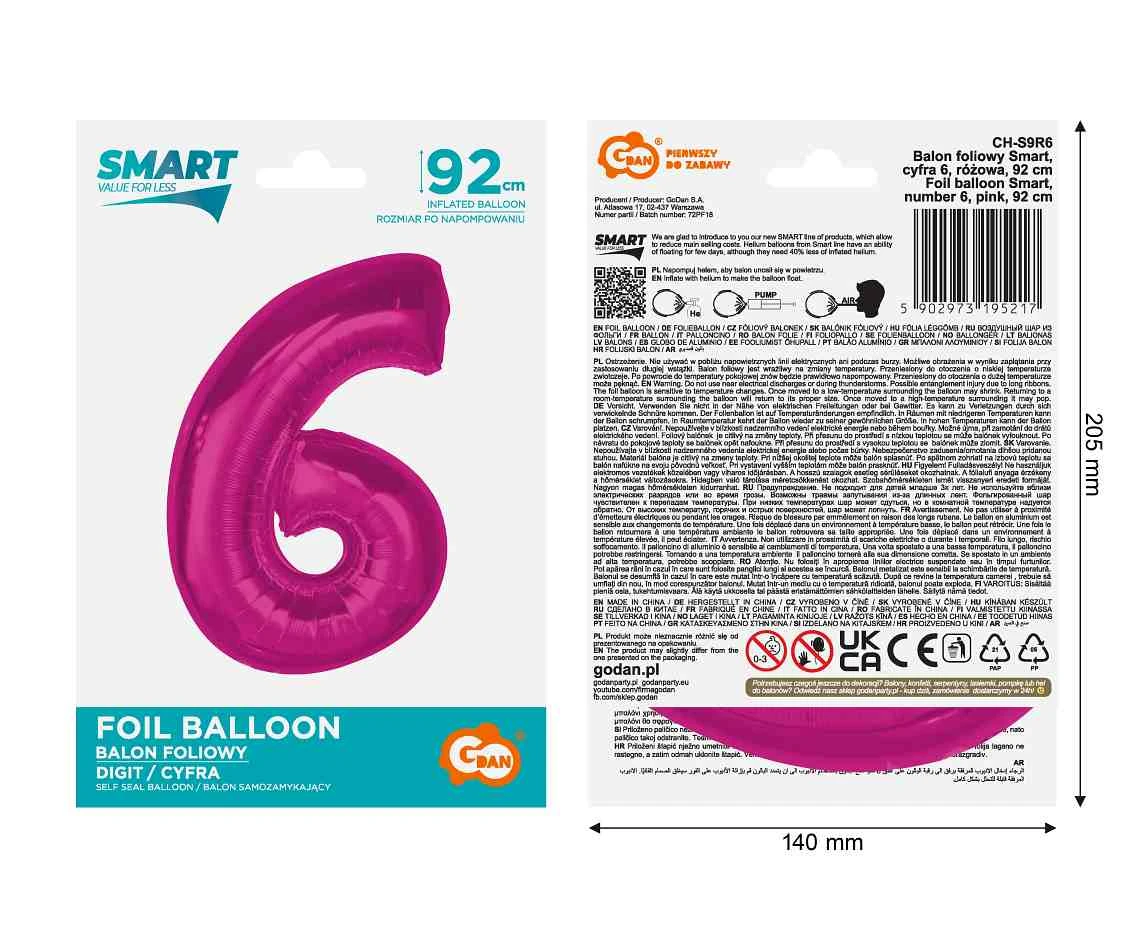 Balon foliowy Smart, cyfra 6, różowa, 92 cm KK