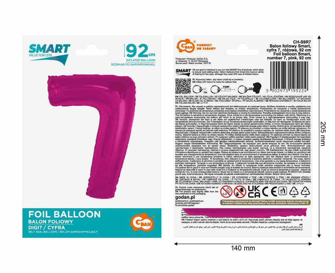Balon foliowy Smart, cyfra 7, różowa, 92 cm KK