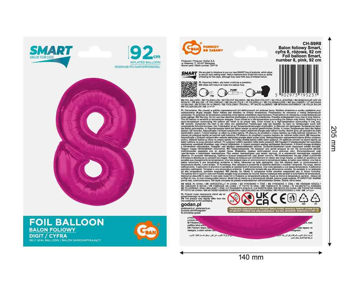 Balon foliowy Smart, cyfra 8, różowa, 92 cm KK