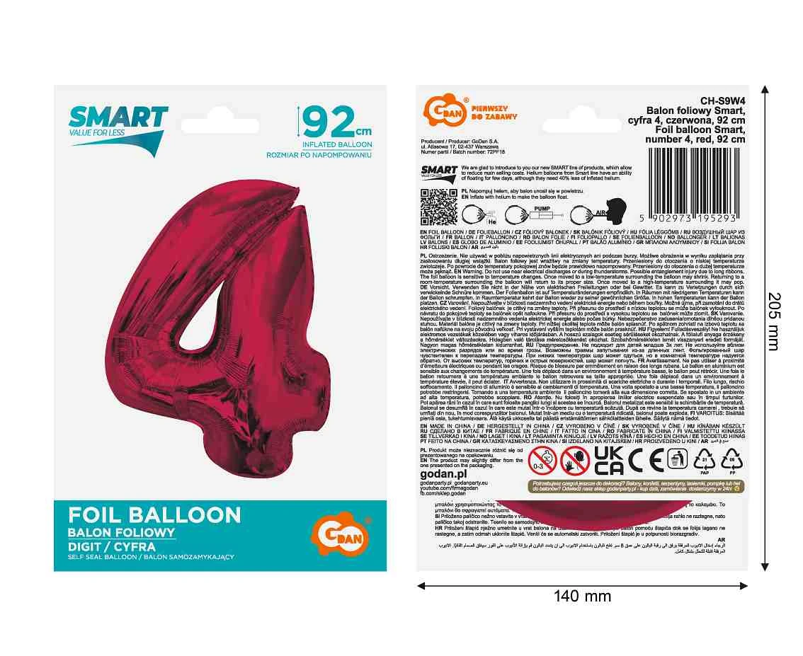 Balon foliowy Smart, cyfra 4, czerwona, 92 cm  KK