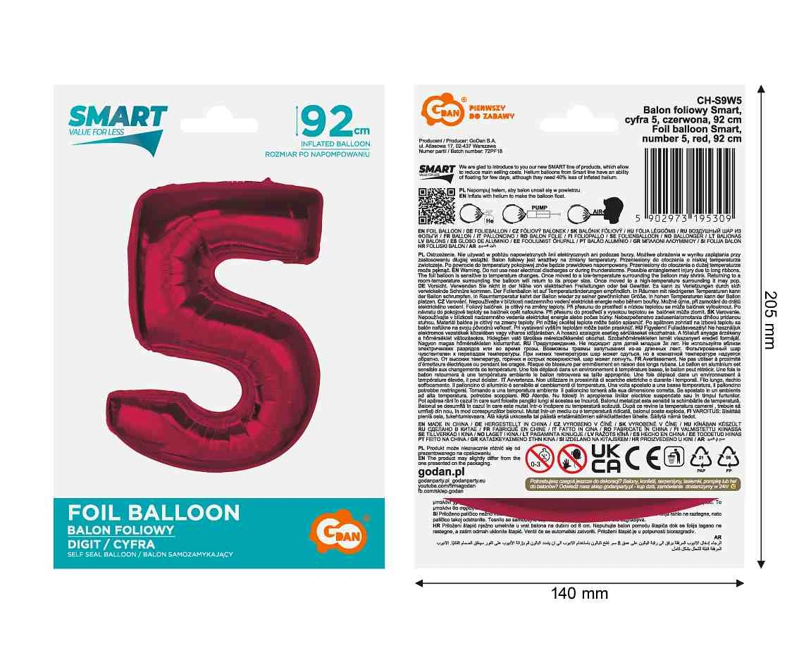 Balon foliowy Smart, cyfra 5, czerwona, 92 cm  KK