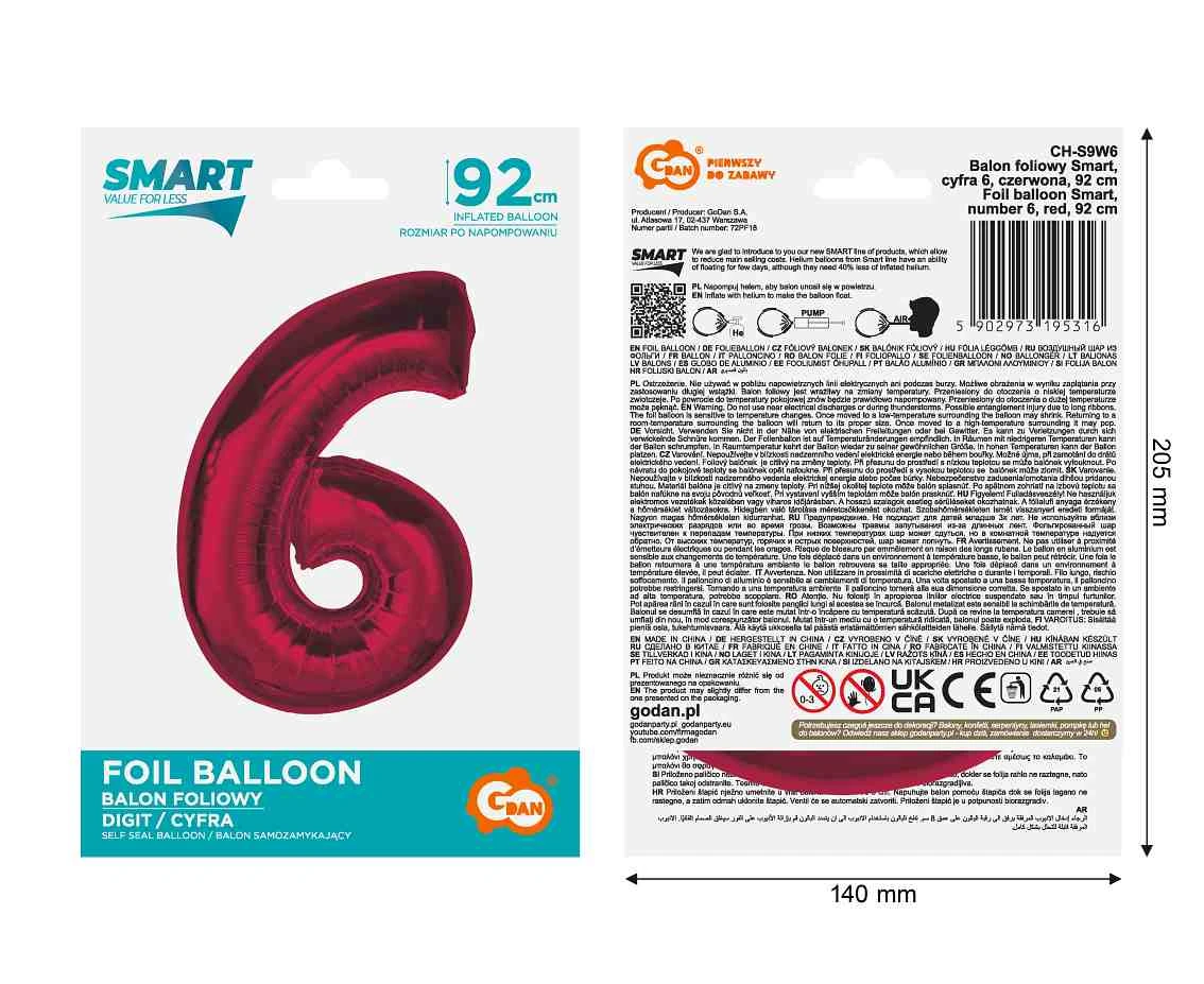 Balon foliowy Smart, cyfra 6, czerwona, 92 cm  KK