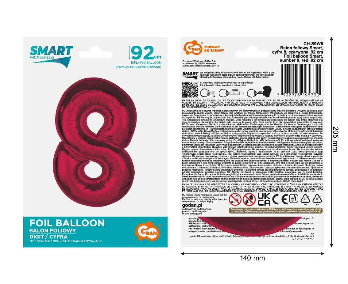 Balon foliowy Smart, cyfra 8, czerwona, 92 cm  KK