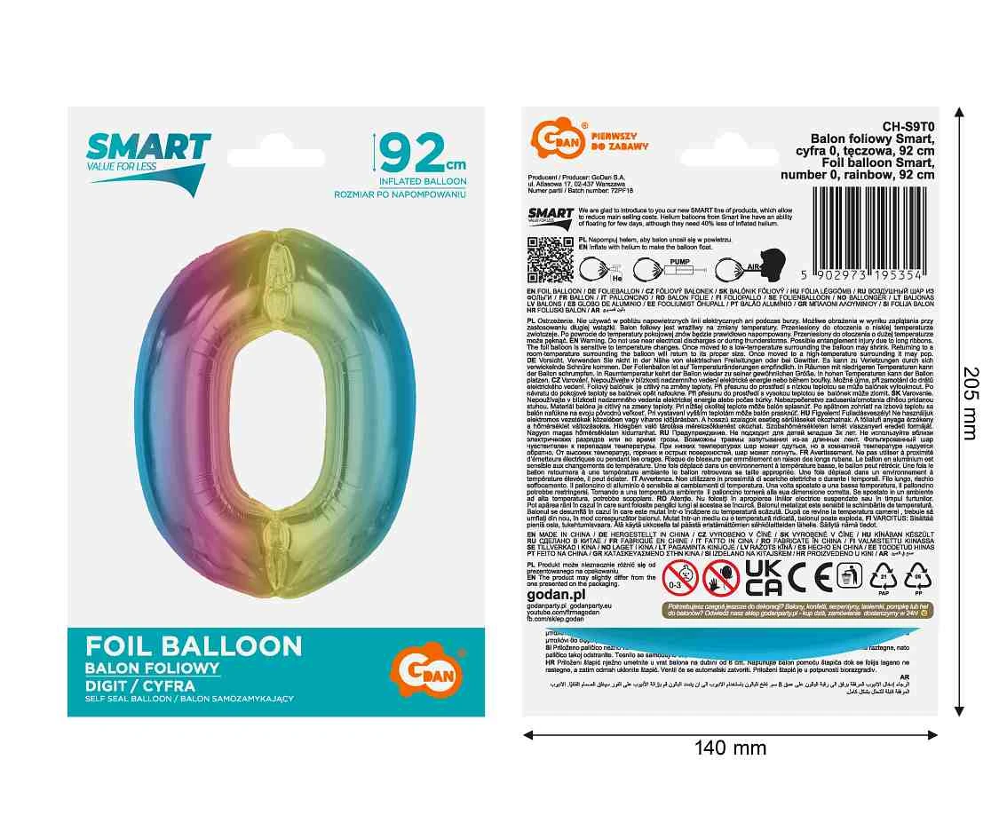 Balon foliowy Smart, cyfra 0, tęczowa, 92 cm  KK