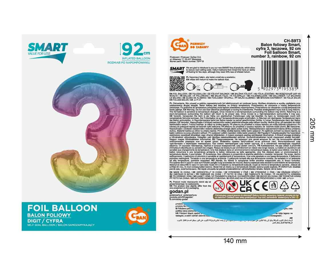 Balon foliowy Smart, cyfra 3, tęczowa, 92 cm  KK