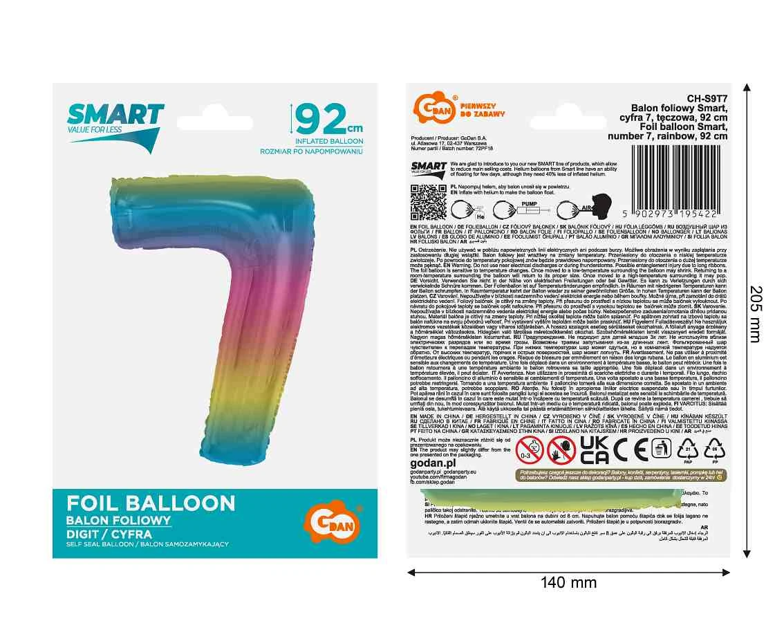 Balon foliowy Smart, cyfra 7, tęczowa, 92 cm  KK