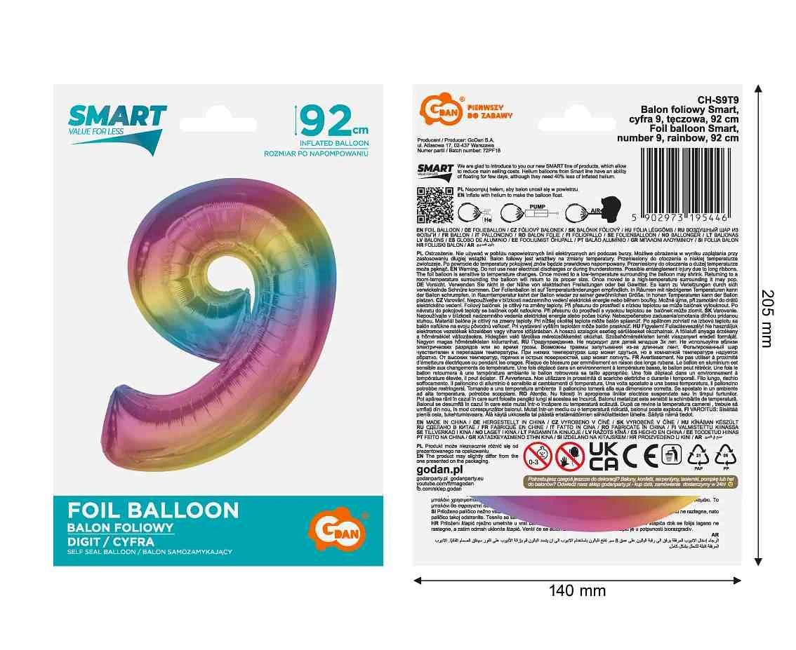 Balon foliowy Smart, cyfra 9, tęczowa, 92 cm  KK