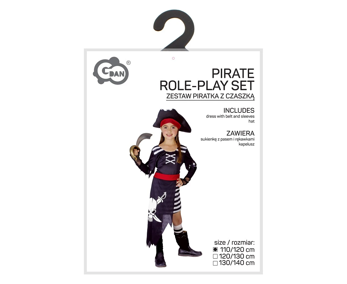 Zestaw dla dzieci Piratka z Czaszką (sukienka z pasem i rękawkami, kapelusz), rozm. 110/120 cm