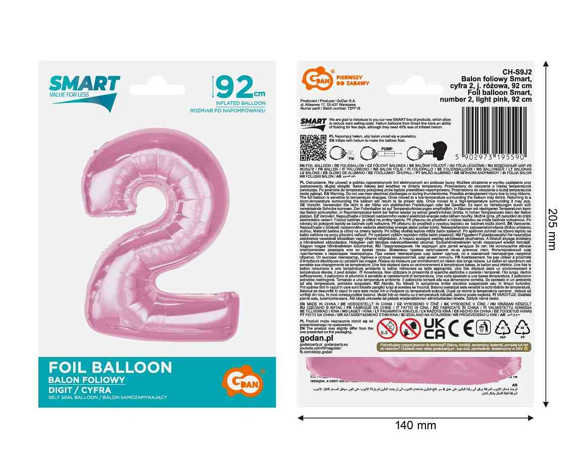 Balon foliowy B&C Cyfra 2, j. różowa, 92 cm
