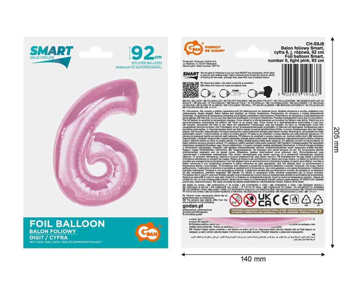 Balon foliowy B&C Cyfra 6, j. różowa, 92 cm