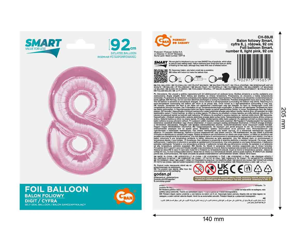 Balon foliowy B&C Cyfra 8, j. różowa, 92 cm