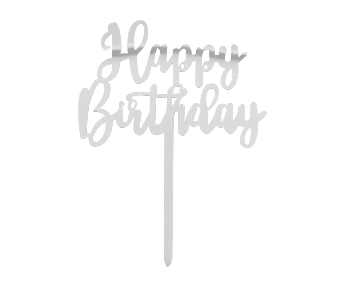 Dekoracja na tort Happy Birthday, srebrna, 15,5 x 11 cm