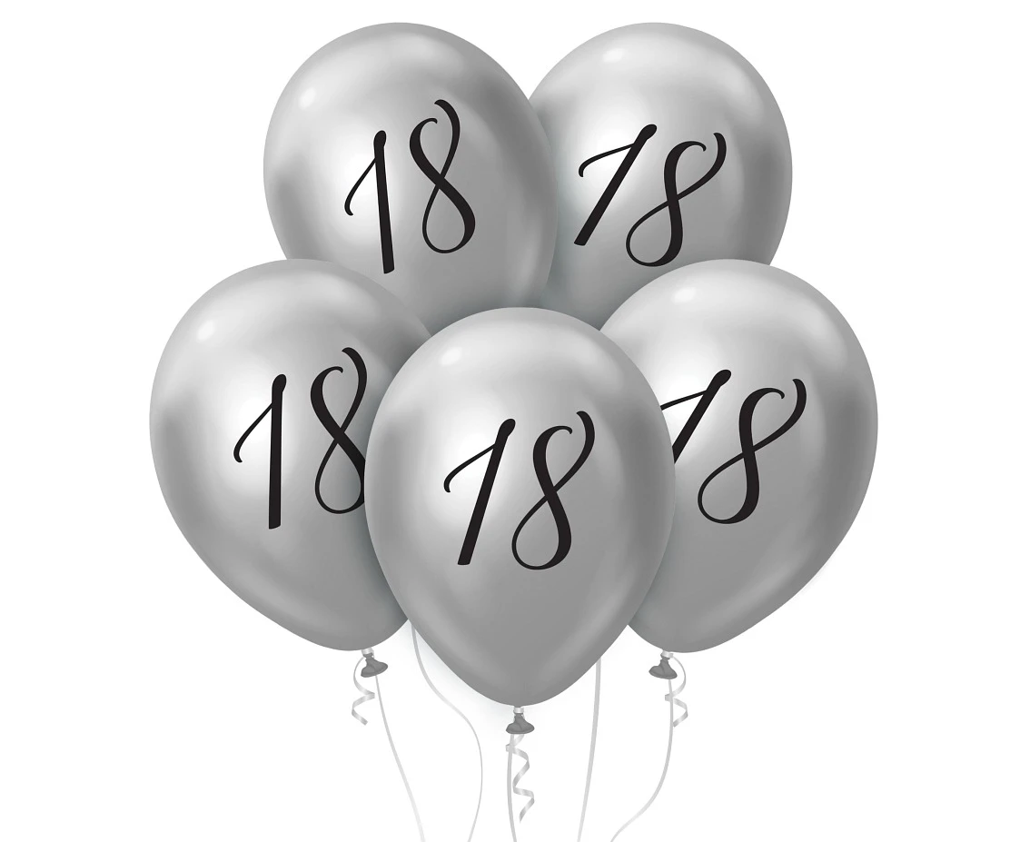 Balony B&C 12",  18. urodziny, platyna srebrne, 5szt.