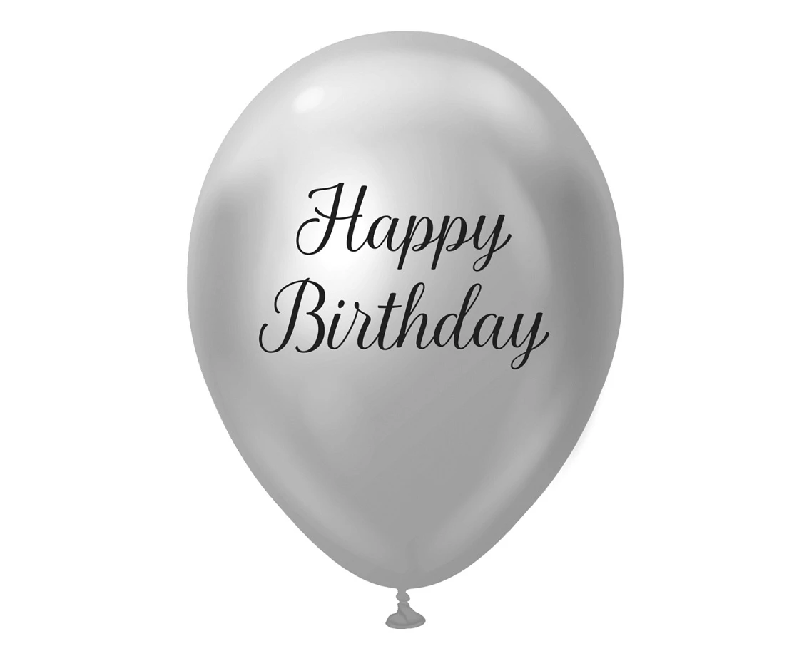 Balony B&C 12", "Happy Birthday", platyna srebrne, 5szt.