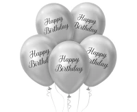 Balony B&C 12", "Happy Birthday", platyna srebrne, 5szt.