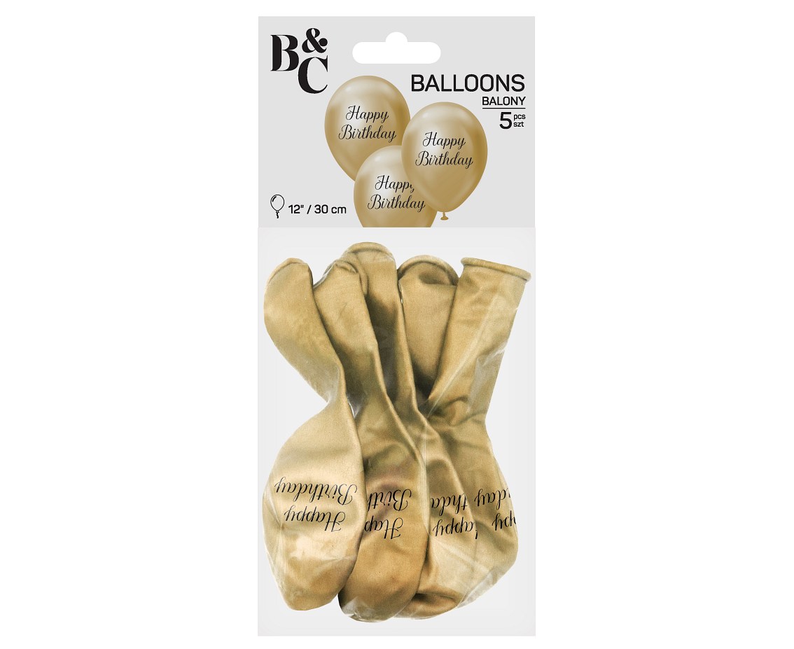 Balony B&C 12", Happy Birthday, platyna jasnozłote, 5szt.