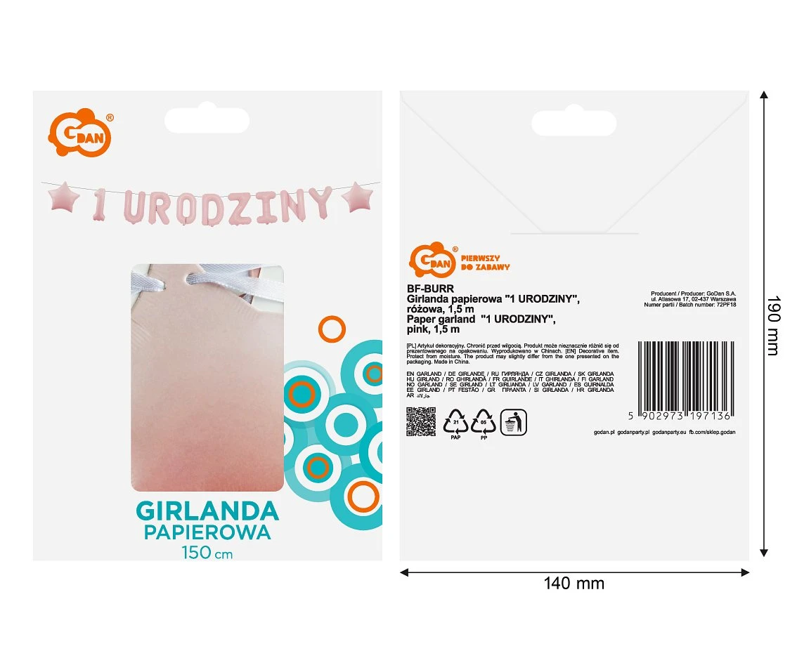 Girlanda papierowa "1 URODZINY", różowa, 1,5 m.