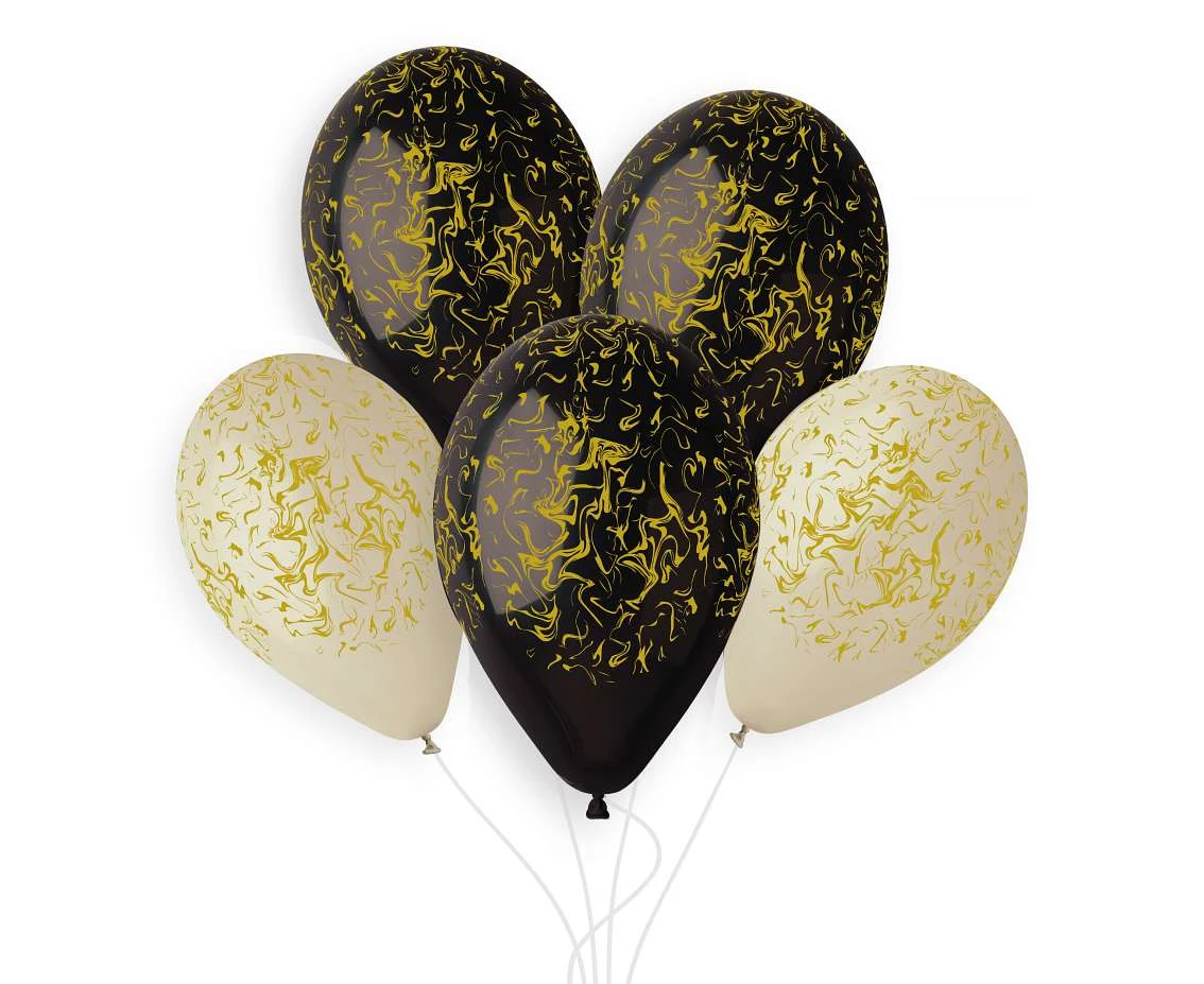Balony Gemar 13", premium hel marble, czarne i latte, złote nadruki, 5szt. KK