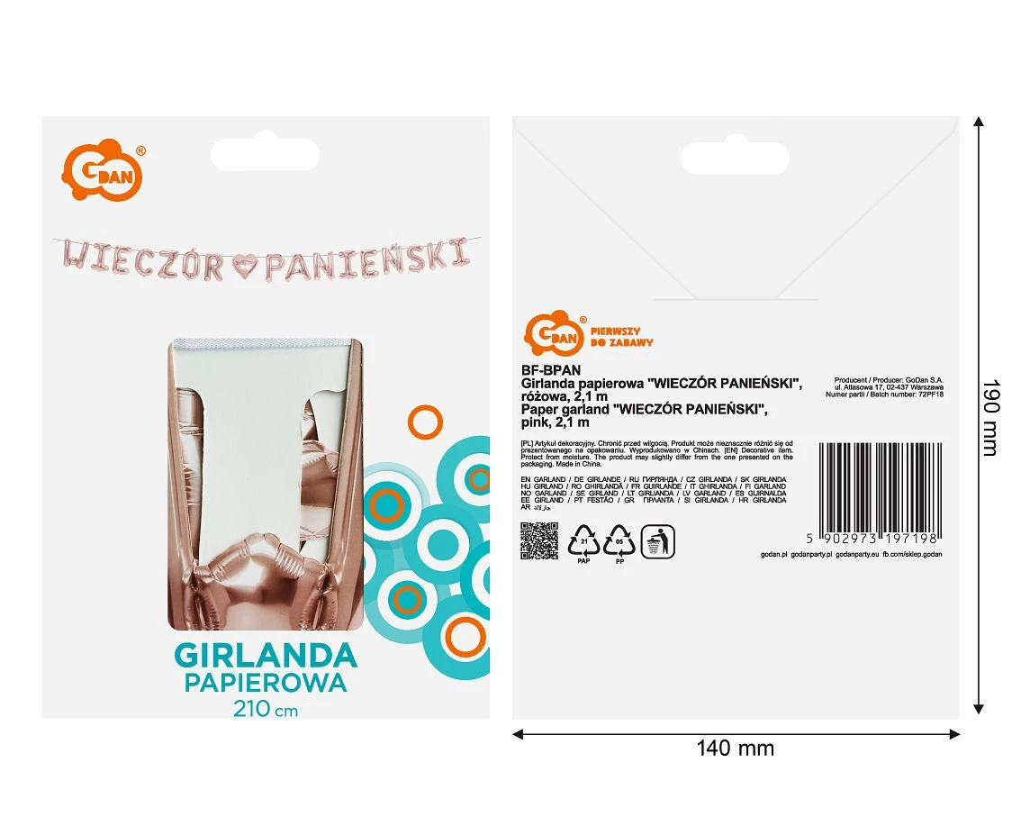 Girlanda papierowa "WIECZÓR PANIEŃSKI", różowa, 2,1 m.