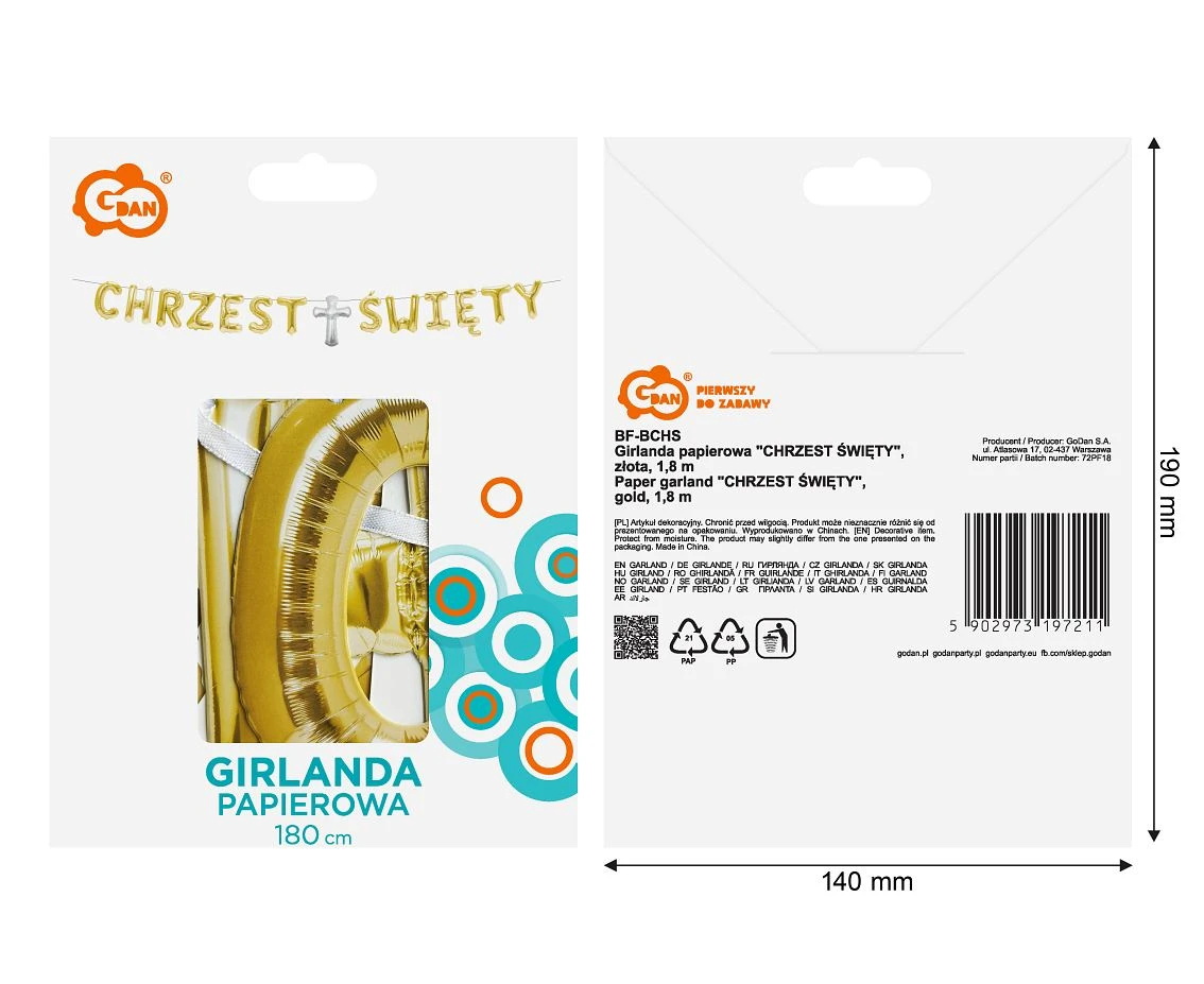 Girlanda papierowa "CHRZEST ŚWIĘTY", złota , 1,8 m.