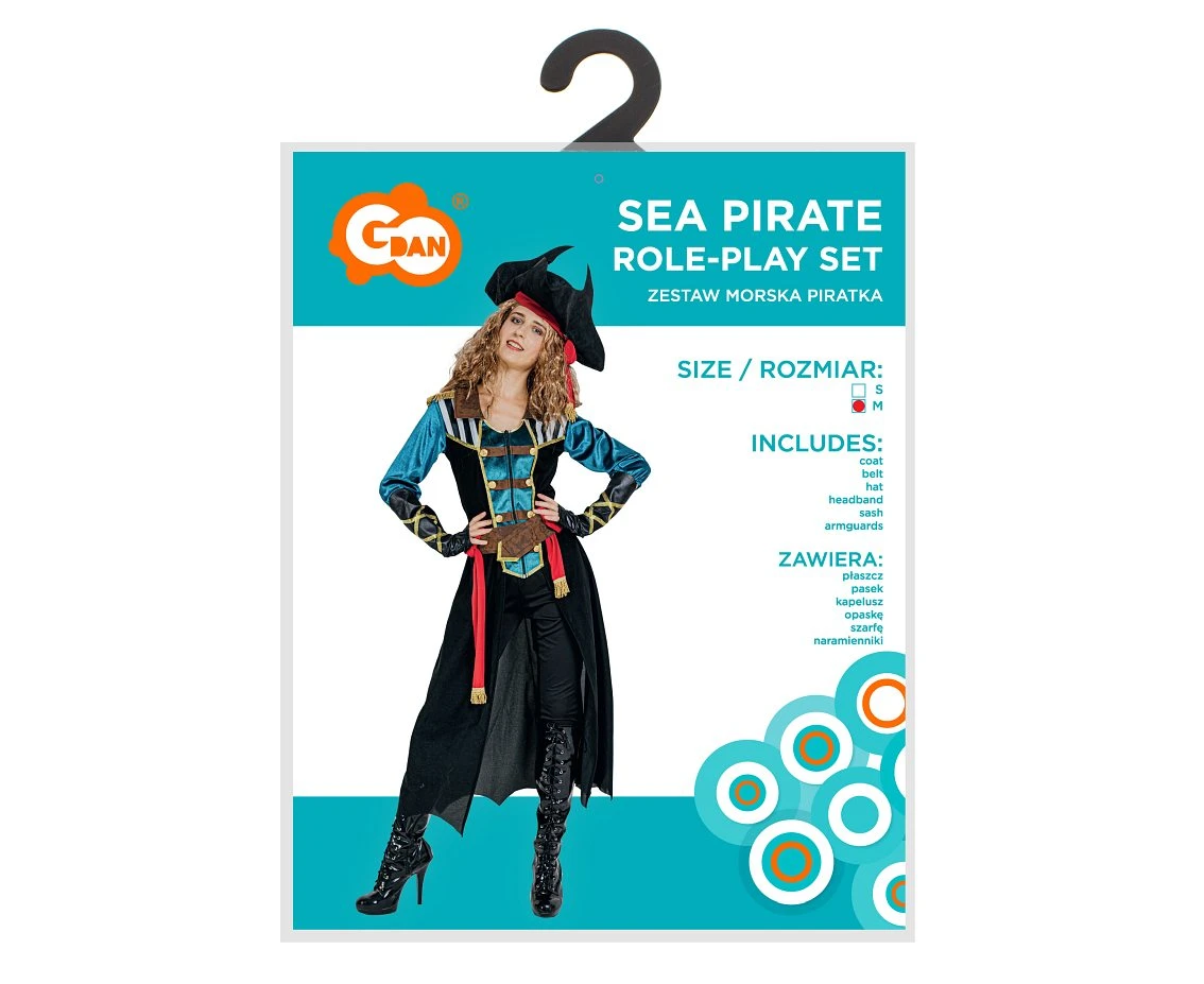 Zestaw dla dorosłych Morska Piratka (płaszcz, pasek, kapelusz, opaska, szarfa, naramienniki), rozm. M