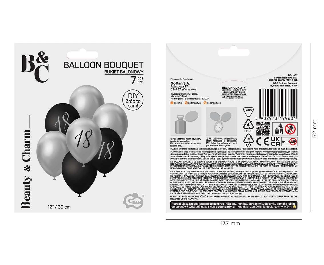 Bukiet balonowy B&C srebrno-czarny "18", 7 szt.