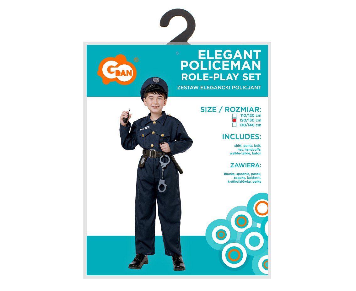 Zestaw dla dzieci Elegancki Policjant (bluzka, spodnie, pasek, czapka, kajdanki, krótkofalówka, pałka), rozm. 120/130 cm