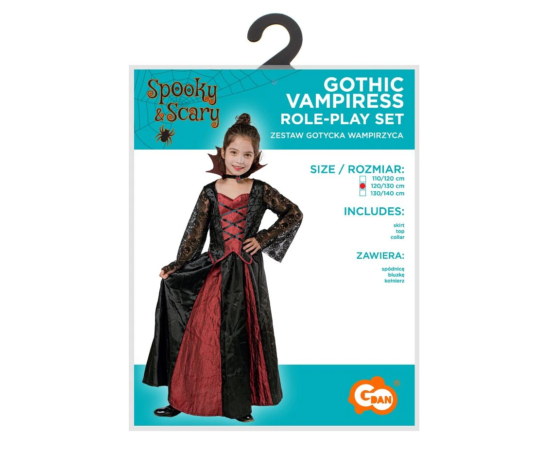 Zestaw dla dzieci Gotycka Wampirzyca (spódnica, bluzka, kołnierz), rozm.120/130 cm