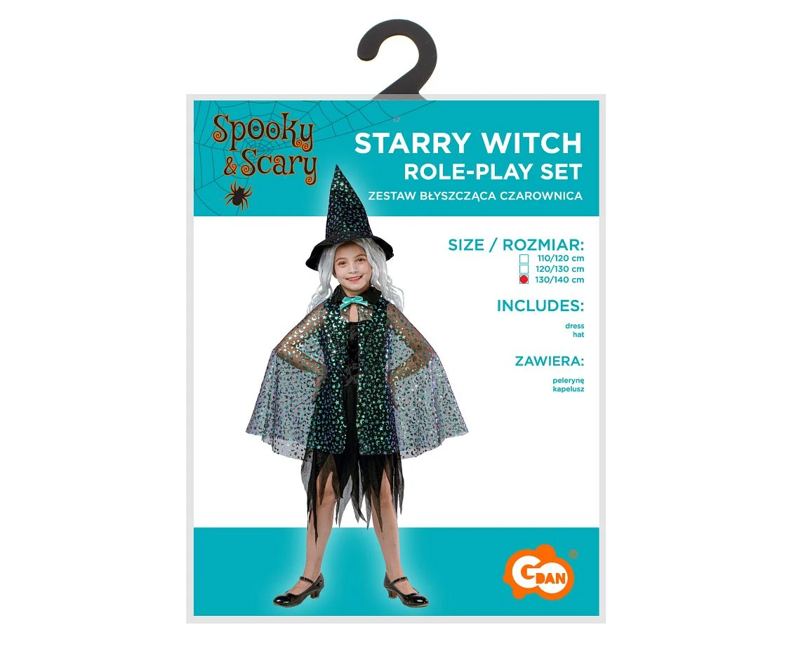Zestaw dla dzieci Błyszcząca Czarownica (peleryna, kapelusz), rozm.130/140 cm