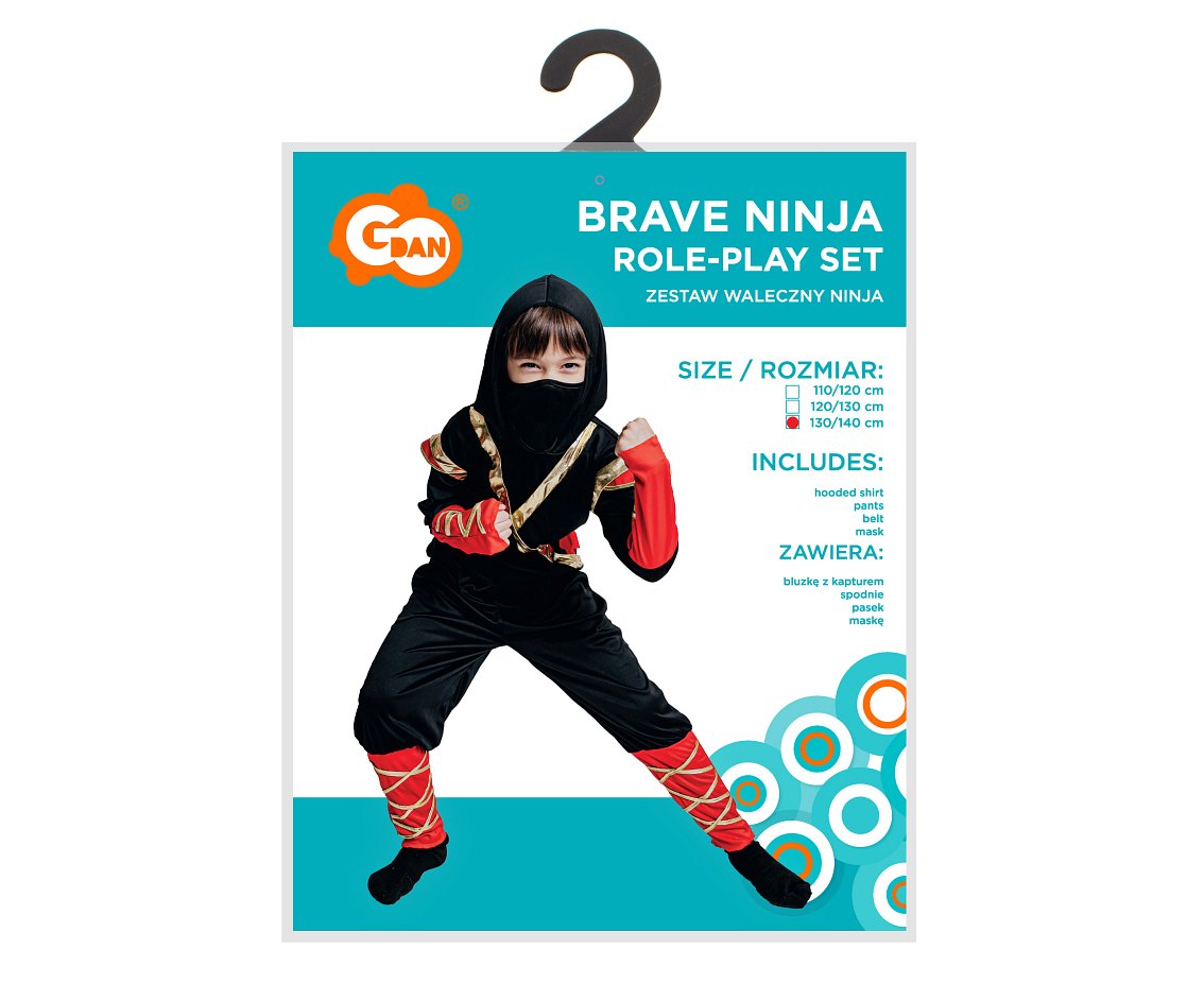 Zestaw dla dzieci Waleczny Ninja (bluzka z kapturem, spodnie, pasek, maska), rozm.130/140 cm