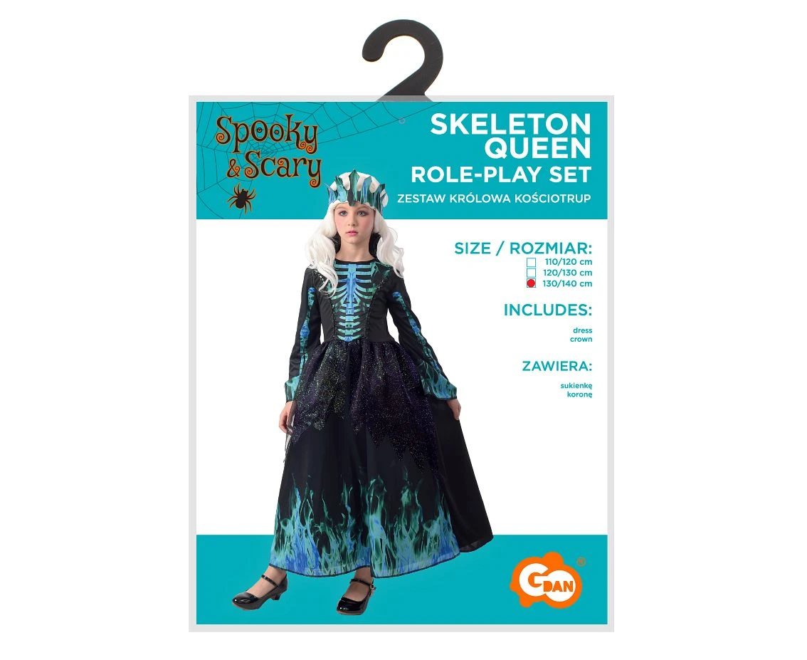 Zestaw dla dzieci Królowa Kościotrup (sukienka, korona), rozm. 130/140 cm